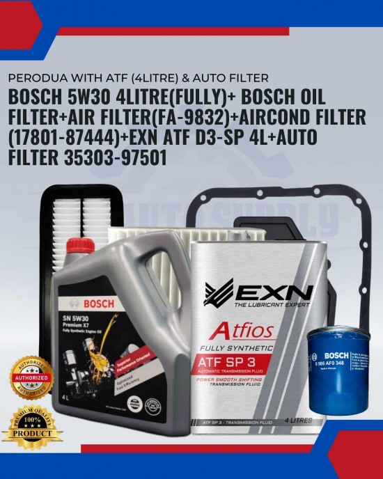 PERODUA with ATF (4Litre) & AUTO FILTER-MYVI OM TO LAGIBEST 2005-2013 (LAGIBEST: 2011-2014) ALZA OM (2010-2014)-BOSCH PACKAGE Engine Oil & Fluids image