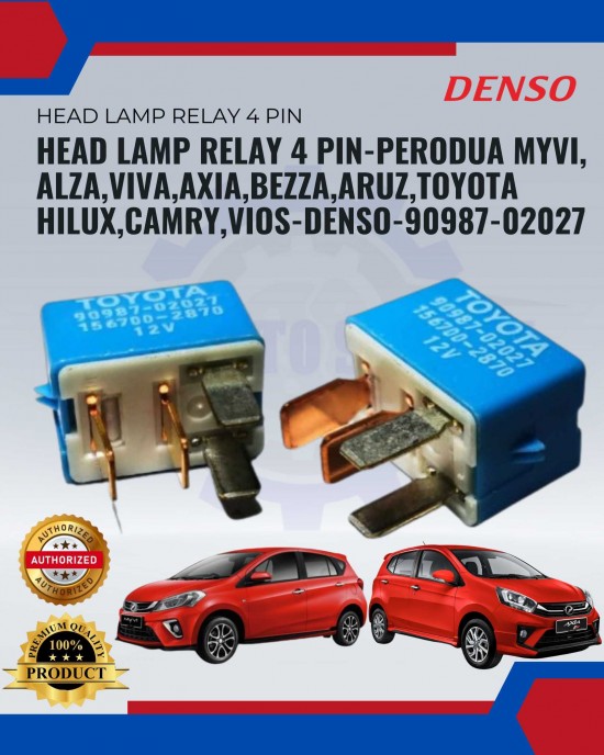 Head Lamp Relay 4 Pin-Perodua Myvi-Alza-Viva-Axia-Bezza-Aruz-Toyota Hilux-Camry-Vios-DENSO-90987-02027 image