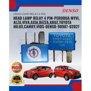 Head Lamp Relay 4 Pin-Perodua Myvi-Alza-Viva-Axia-Bezza-Aruz-Toyota Hilux-Camry-Vios-DENSO-90987-02027
