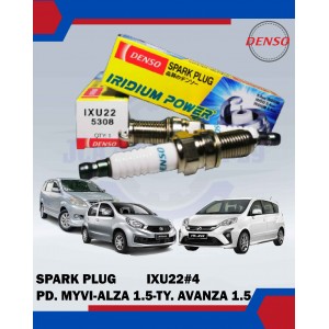 Iridium Spark Plug Set (4pcs)-Perdoua Myvi-Alza 1.5-Toyota Avanza 1.5-Rush 1.5-DENSO-IXU22#4 (5308#4)