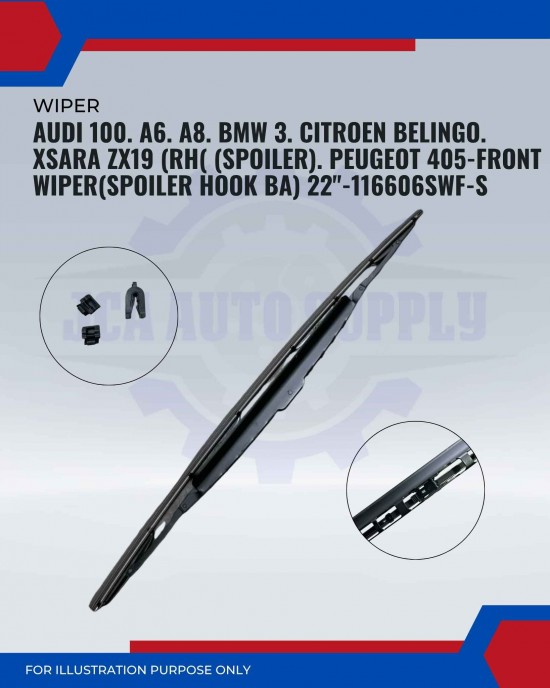 Front Wiper (Spoiler Hook BA)-Audi 100. A6. A8. BMW 3. Citroen Belingo. XSara. ZX19(RH)(Spoiler). Peugeot 22. 405-22inch-116606/SWF-S Front Wiper (Spoiler Hook BA)-Audi 100. A6. A8. BMW 3. Citroen Belingo. XSara. ZX19(RH)(Spoiler). Peugeot 22. 405-22inch-116606/SWF-S