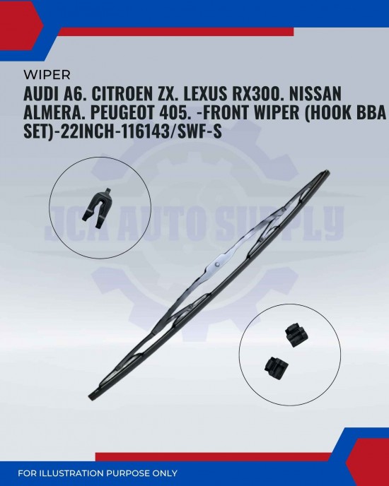 Front Wiper (Hook BA)-Audi A6. Citroen ZX. Lexus RX300. Nissan Almera. Peugeot 405-22 Inch-116143SWF-S