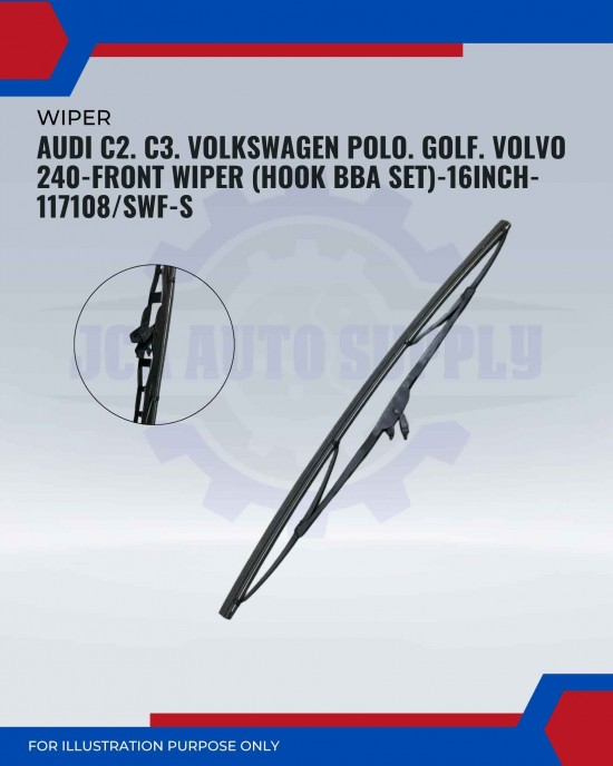 Front Wiper (Hook BA)-Audi C2. C3. Volkswagen Polo. Golf. Volvo 240-16 Inch-117108/SWF-S