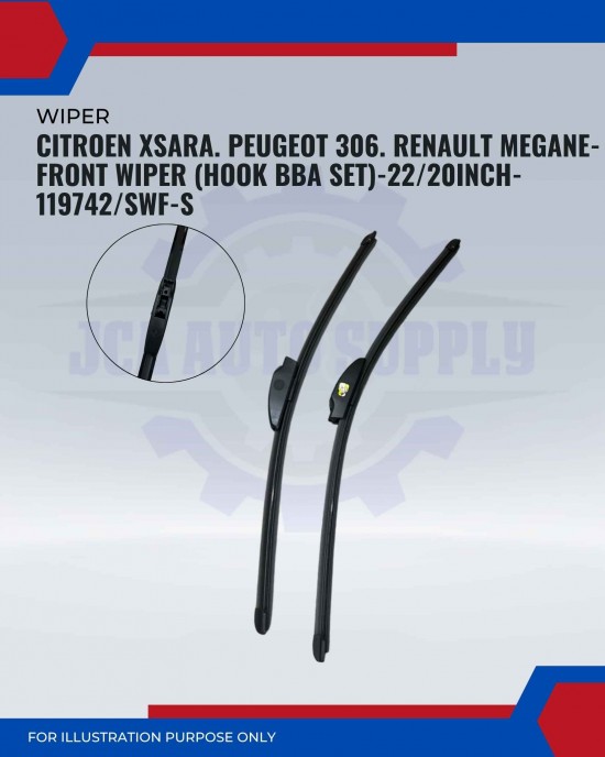 Front Wiper (Hook BBA Set)-Citroen XSara. Peugeot 306. Renault Megane-22/20 Inch-119742/SWF-S