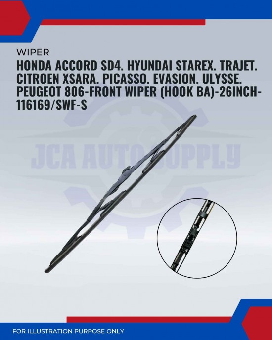 Front Wiper (Hook BA)-Honda Accord SD4. Hyundai Starex. Trajet. Citroen XSara. Picasso. Evasion. Fiat Ulysse. Peugeot 806-26 Inch-116169SWF-S Front Wiper (Hook BA)-Honda Accord SD4. Hyundai Starex. Trajet. Citroen XSara. Picasso. Evasion. Fiat Ulysse. Peugeot 806-26 Inch-116169SWF-S