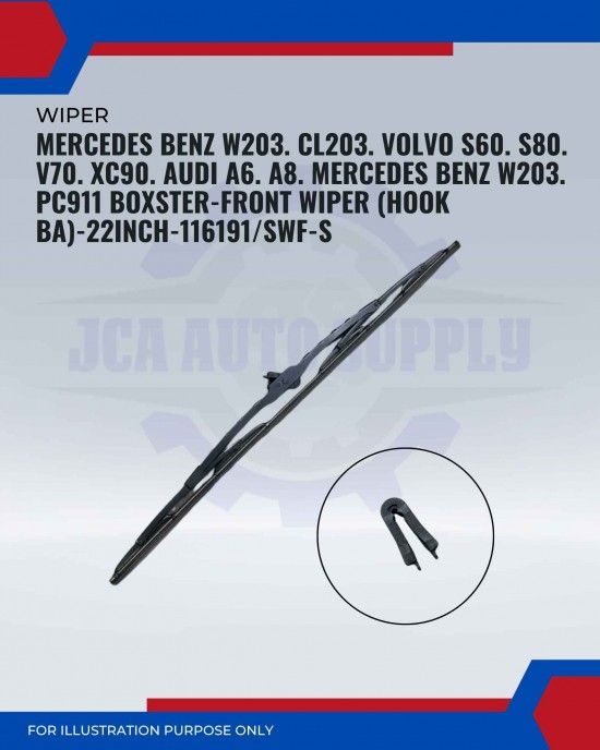 Front Wiper (Hook BA)-Mercedes Benz W203. CL203. Volvo S60. S80. V70. XC90. Audi A6. A8. Porsche 911. Boxster-22 Inch-116191SWF-S