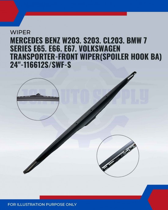Front Wiper (Spoiler Hook BA)-Mercedes Benz W203. S203. CL203. BMW 7 Series E65. E66. E67. Volkswagen Transporter-24inch-116612s/SWF-S