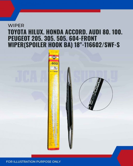 Front Wiper (Spoiler Hook BA)-Toyota Hilux. Honda Accord. Audi 80. 100. Peugeot 205. 305. 505. 604-18inch-117602/SWF-S