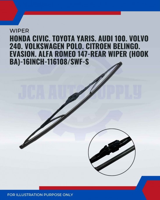Rear Wiper-Honda Civic. Toyota Yaris. Audi 100. Volvo 240. Volkswagen Polo. Citroen Belingo. Evasion. Alfa Romeo 147-16 Inch-116108SWF-S Rear Wiper-Honda Civic. Toyota Yaris. Audi 100. Volvo 240. Volkswagen Polo. Citroen Belingo. Evasion. Alfa Romeo 147-16 Inch-116108SWF-S