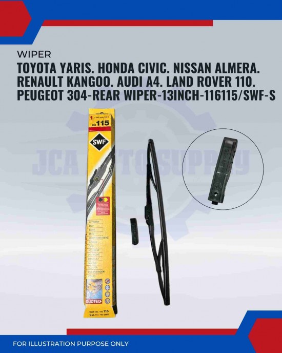 Rear Wiper-Toyota Yaris. Honda Civic. Nissan Almera. Renault Kangoo. Audi A4. Land Rover 110. Peugeot 304-13inch-116115/SWF-S